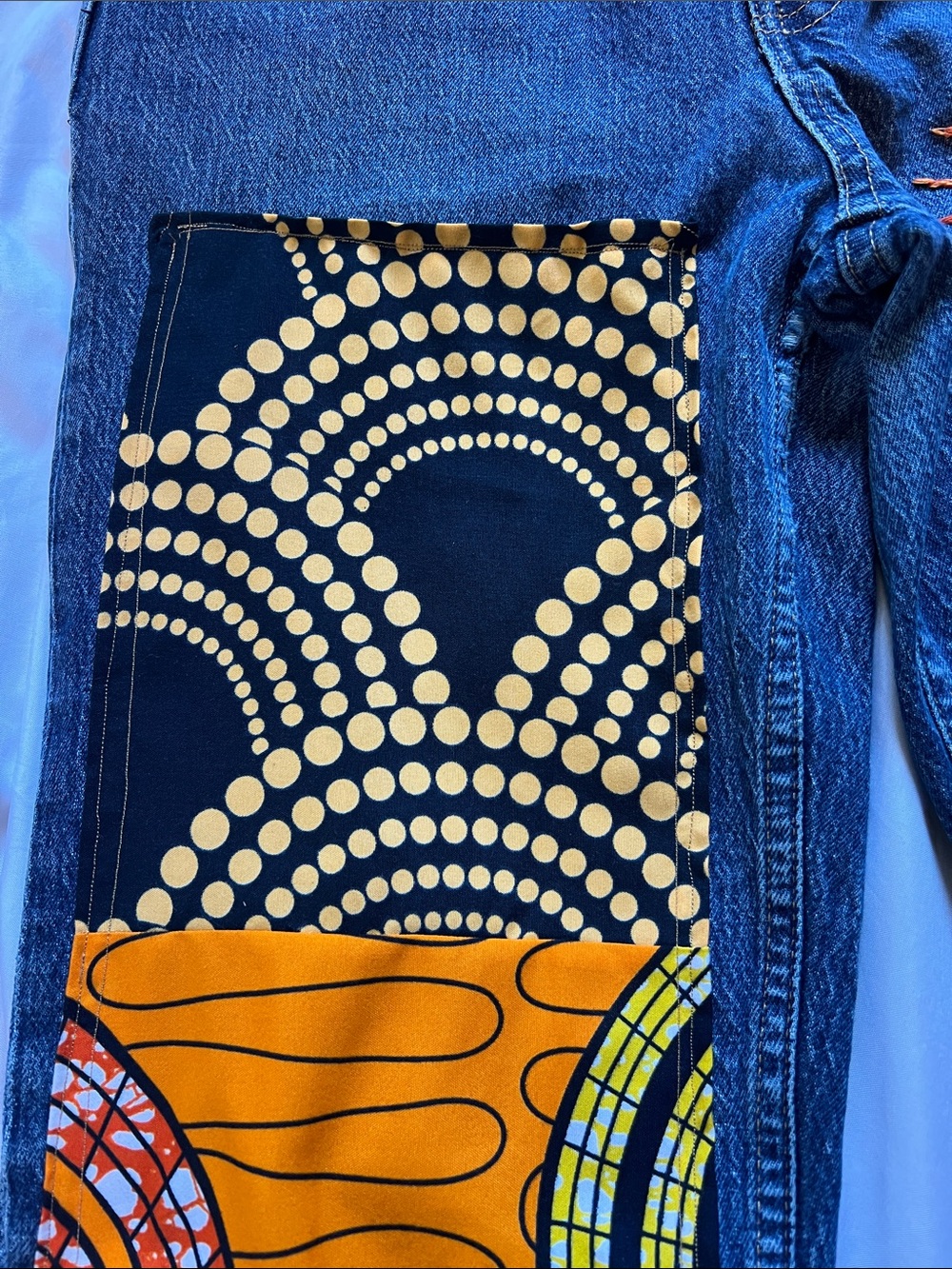 Upcycled BohoEmbroidered Sun & Patchwork Dark Blue Denim Jeans - Picture 4 of 12